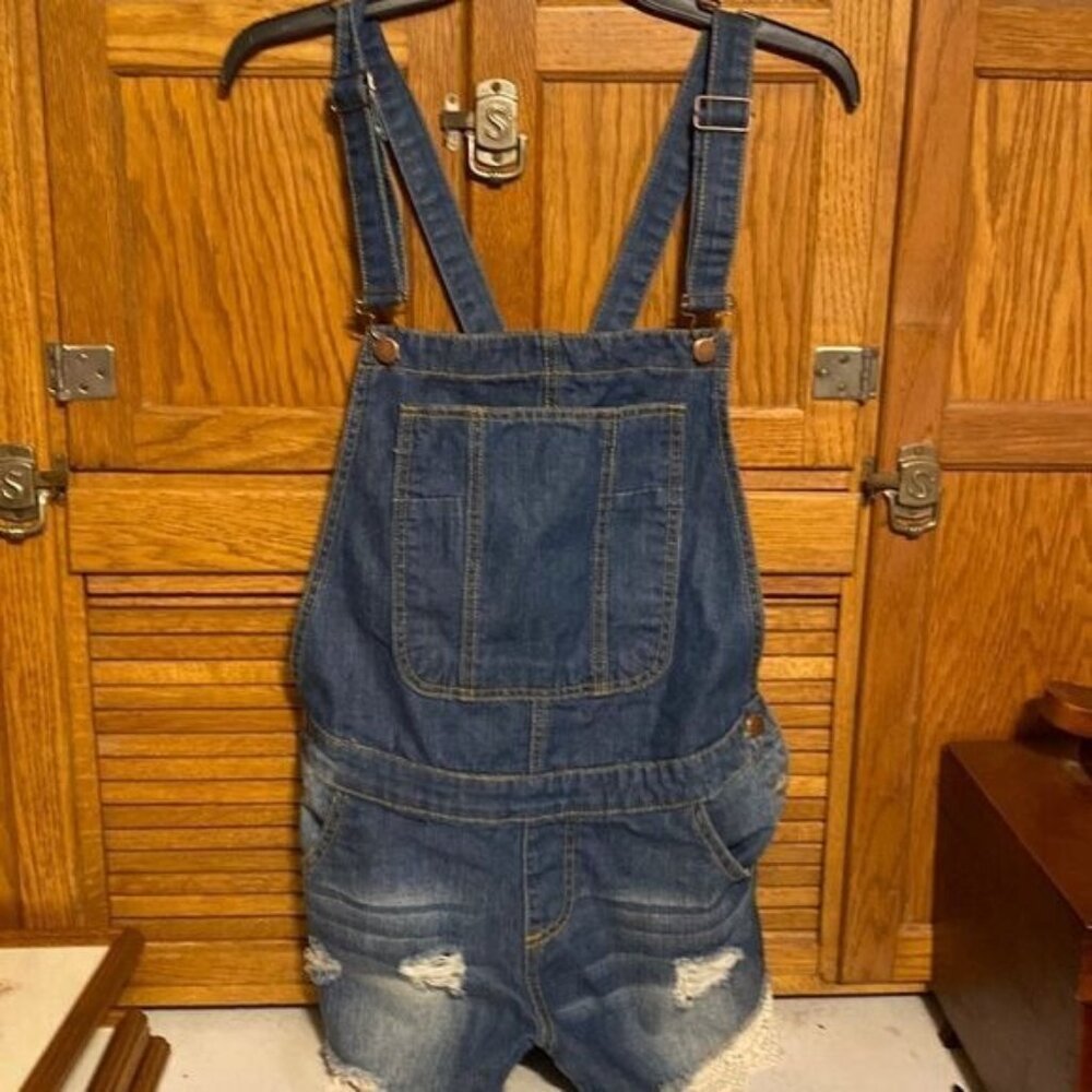 Denim Overall Shorts With Distressed Details & Lace Trim By Mistic Prysm S